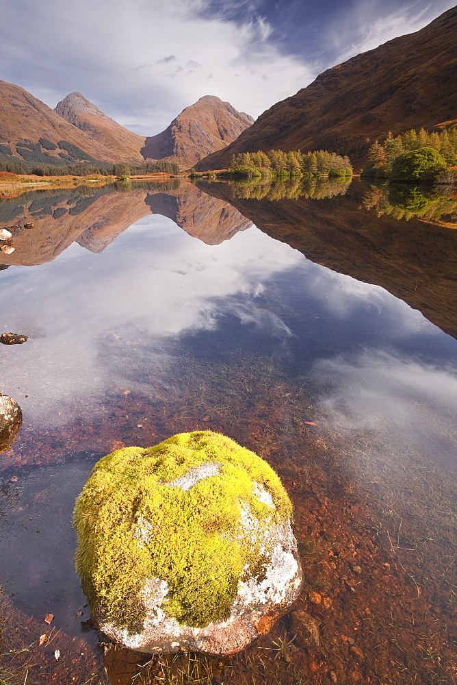 Mountains reflected in Lochan Urr in Glen Etive, Highlands, Scotland, United Kingdom, Europe 