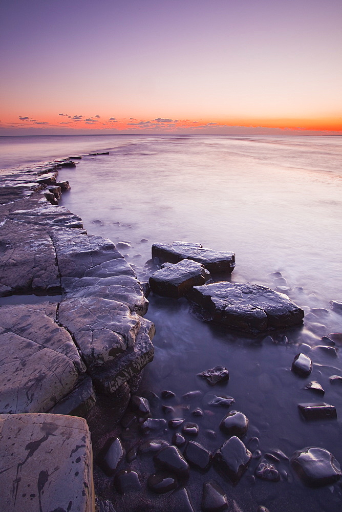 Kimmeridge Bay on the Dorset coast at sunset, Jurassic Coast, UNESCO World Heritage Site, Dorset, England, United Kingdom, Europe