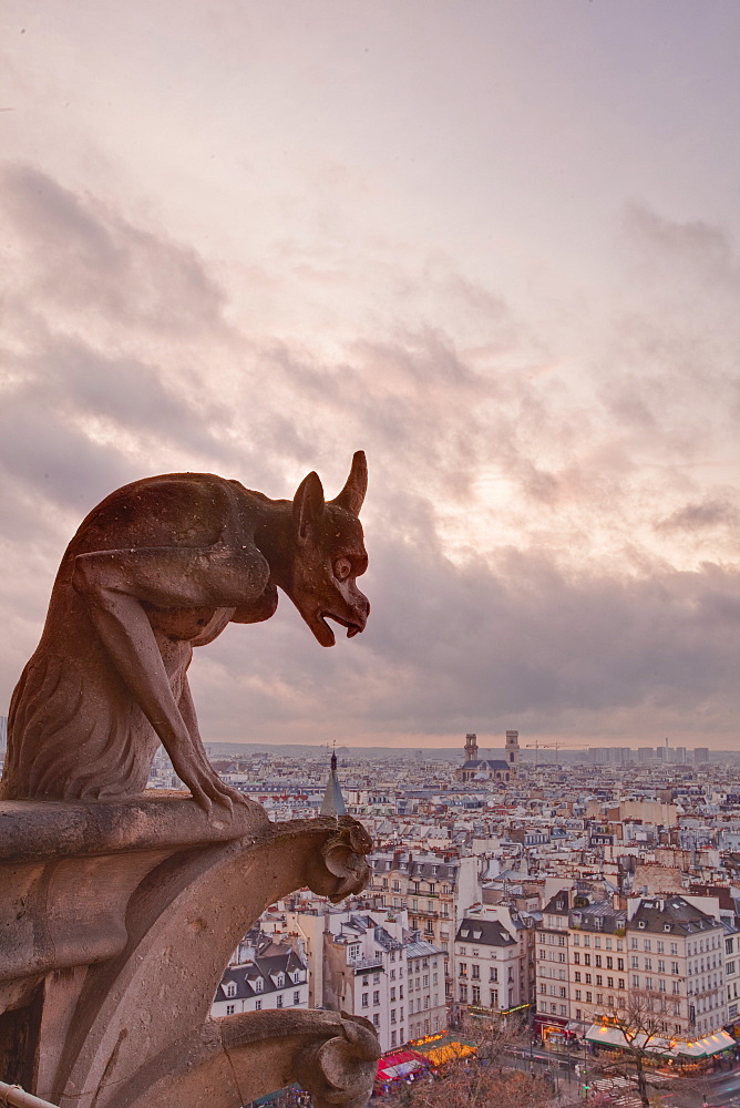 A gargoyle on Notre Dame de Paris cathedral looks over the city, Paris, France, Europe