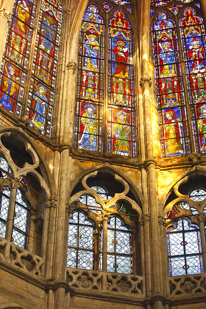 Stained glass windows inside Saint Pierre church abbey in Chartres, Eure-et-Loir, Centre, France, Europe