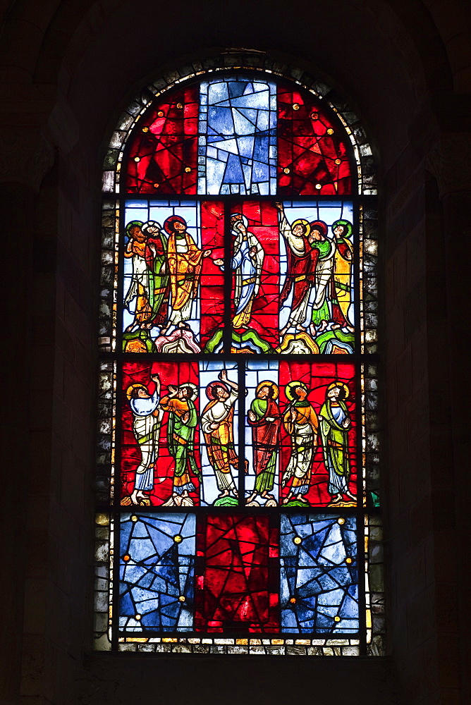 A 12th century stained glass window in the nave of St.-Julien du Mans cathedral, Le Mans, Sarthe, Pays de la Loire, France, Europe 