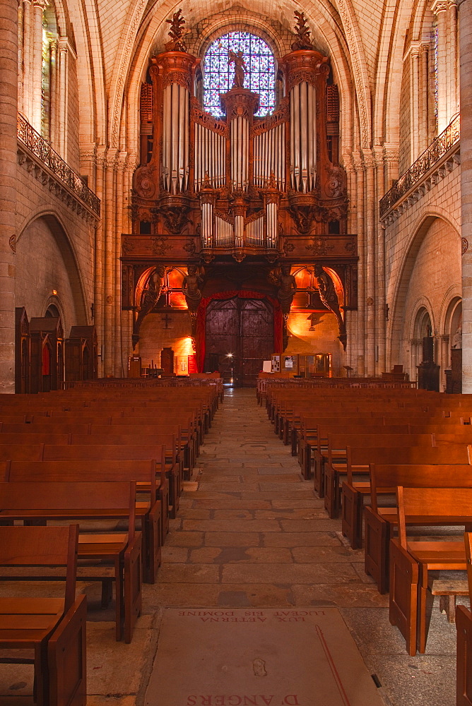 The beautiful wooden organ inside the cathedral at Angers, Maine-et-Loire, France, Europe