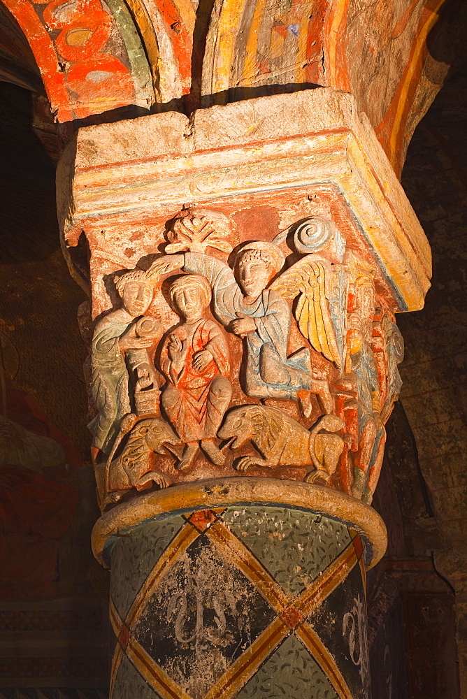 Painted bas relief in Eglise Sainte Radegonde, Poitiers, Vienne, Poitou-Charentes, France, Europe