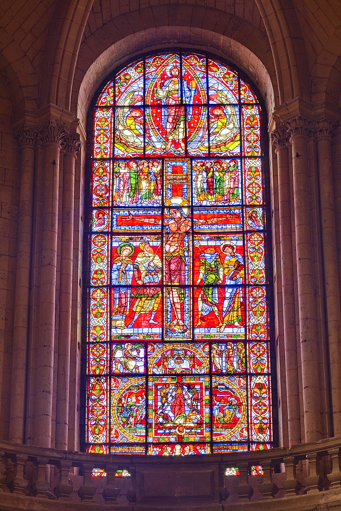 The famous stained glass window of the Crucifixion of Christ in Poitiers cathedral, Vienne, Poitou-Charentes, France, Europe 