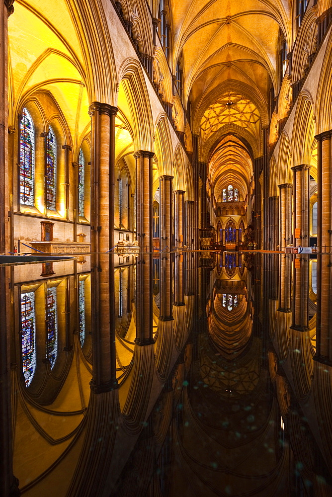 Looking across the font of Salisbury cathedral, Wiltshire, England, United Kingdom, Europe