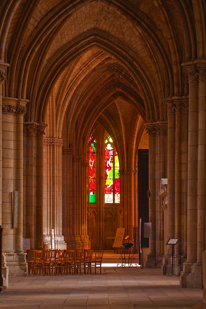 An aisle in Saint-Cyr-et-Sainte-Julitte de Nevers cathedral, Nevers, Burgundy, France, Europe 