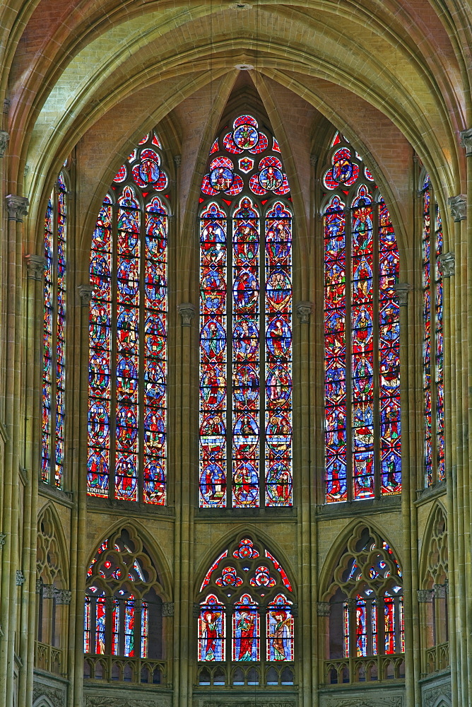 The beautiful stained glass windows at the end of the nave in St. Gatien cathedral, Tours, Indre-et-Loire, Loire Valley, Centre, France, Europe