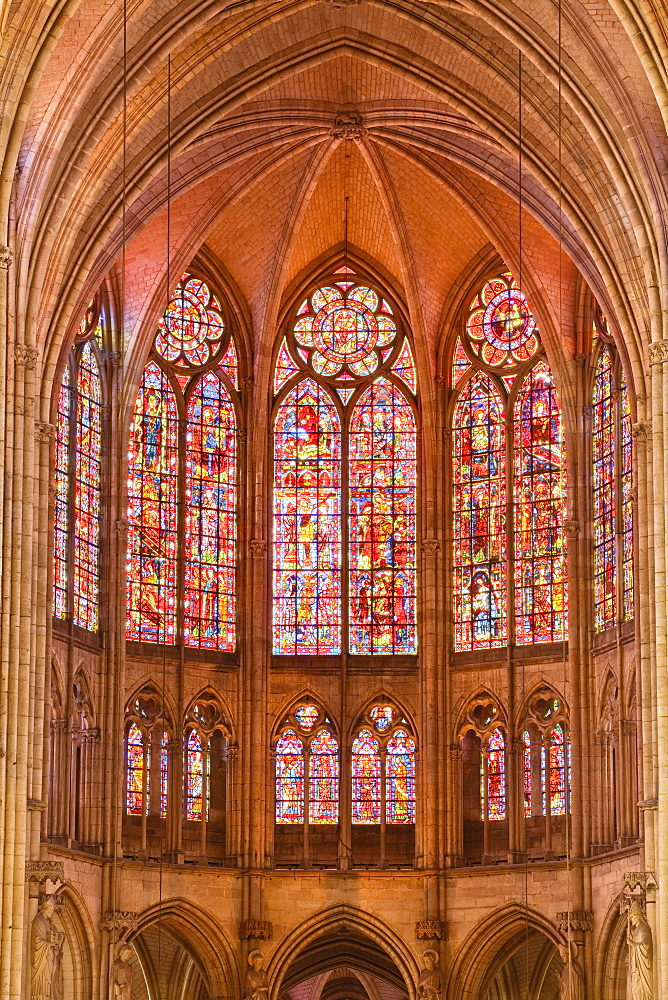 Stained glass windows above the choir in Saint-Pierre-et-Saint-Paul de Troyes cathedral, in Gothic style, dating from around 1200, Troyes, Aube, Champagne-Ardennes, France, Europe 