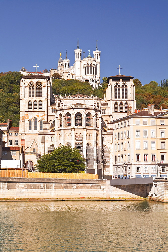 Lyon Cathedral with Notre Dame de Fourviere above, Lyon, Rhone, Rhone-Alpes, France, Europe 