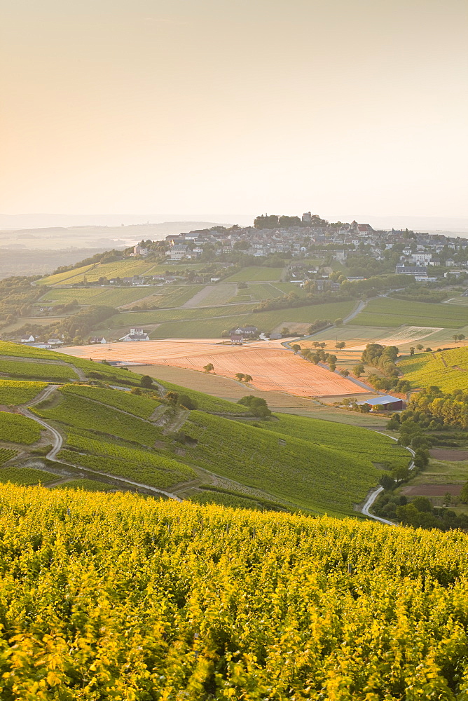 Dawn light starts to fill the skies above the village and vineyards of Sanerre, Cher, Loire Valley, Centre, France, Europe