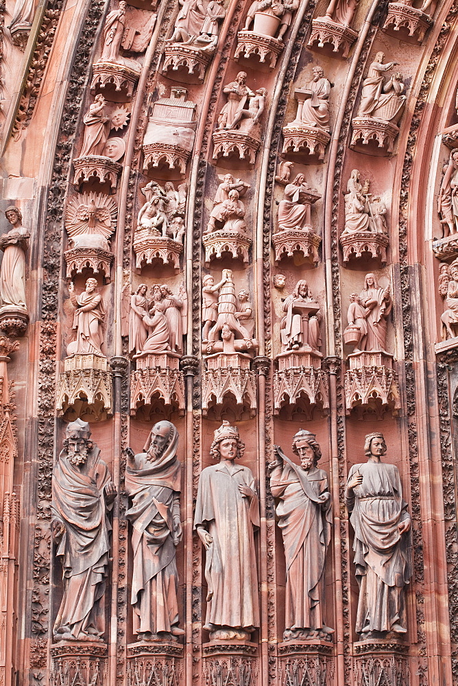 Detail of the tympanum on Notre Dame de Strasbourg cathedral, Strasbourg, Bas-Rhin, Alsace, France, Europe