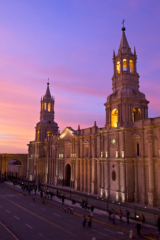 Arequipa Cathedral at sunset on Plaza de Armas, Arequipa, UNESCO World Heritage Site, Peru, South America