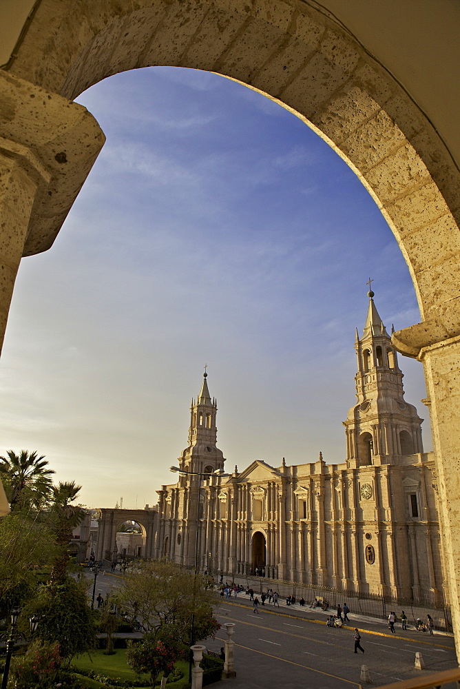 Arequipa Cathedral at sunset on Plaza de Armas, Arequipa, UNESCO World Heritage Site, Peru, South America