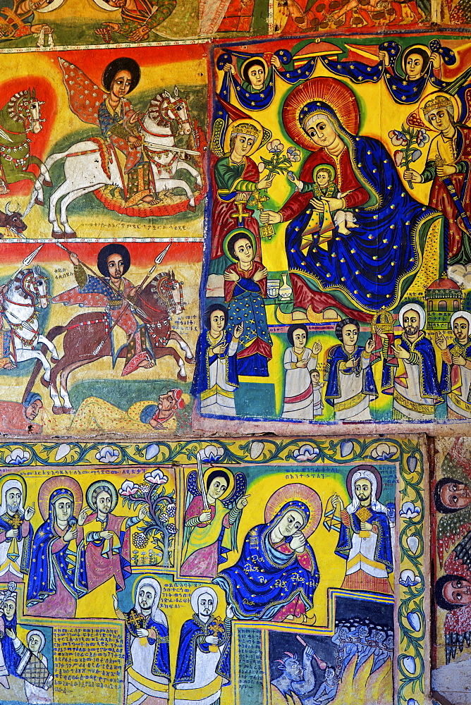 Murals in the interior of the 16th century Christian Monastery and church of Azuwa Maryam, Zege Peninsula, Lake Tana, Bahir Dar, Ethiopia, Africa