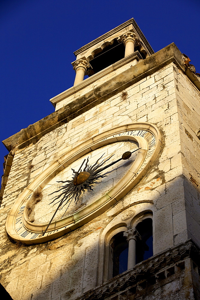 Clock tower with medieval sundial in the Peoples Square  Narodni trg, Old Town, Split, Dalmatia, Croatia, Europe 