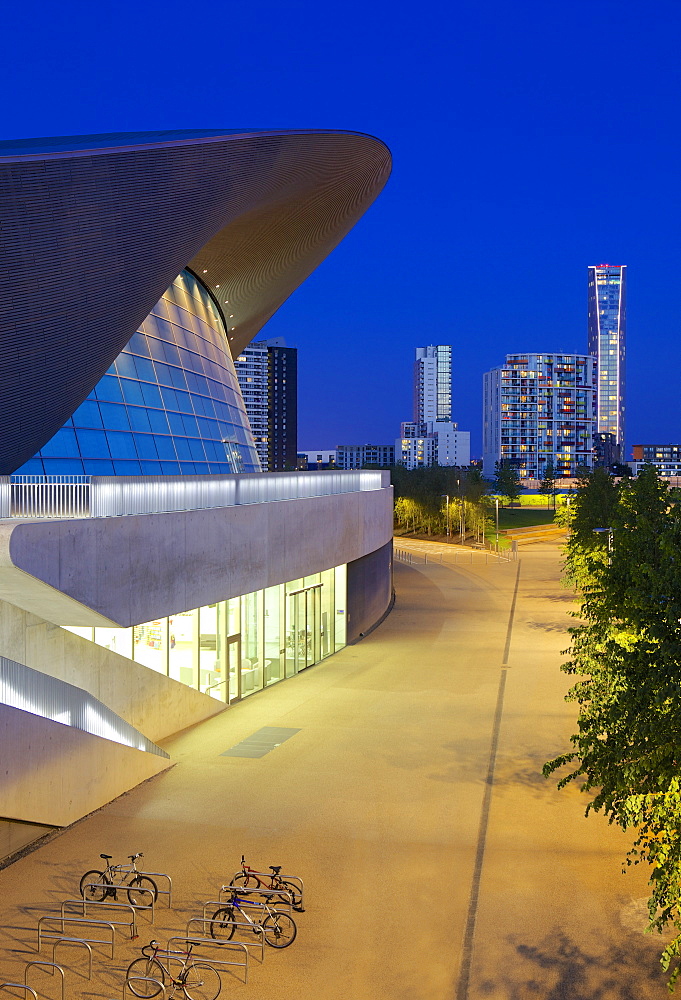 Aquatics Centre at night in the 2012 London Olympic Park, Stratford, London, England, United Kingdom, Europe