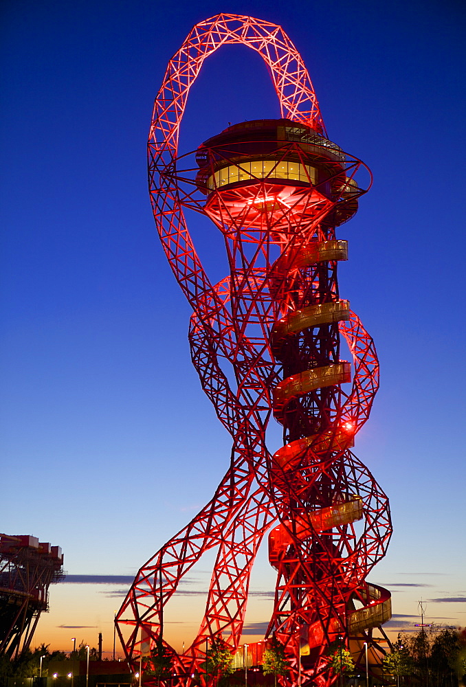 Orbit tower at twilight by Arcelor Mittal in the 2012 London Olympic Park, Stratford, London, England, United Kingdom, Europe