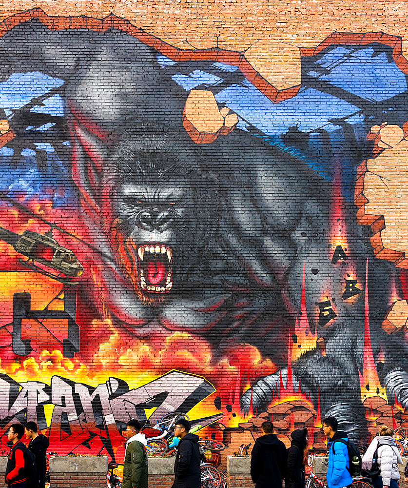 People in front of King Kong graffiti at the 798 Art Zone (Dashanzi Art District) in Beijing, China, Asia