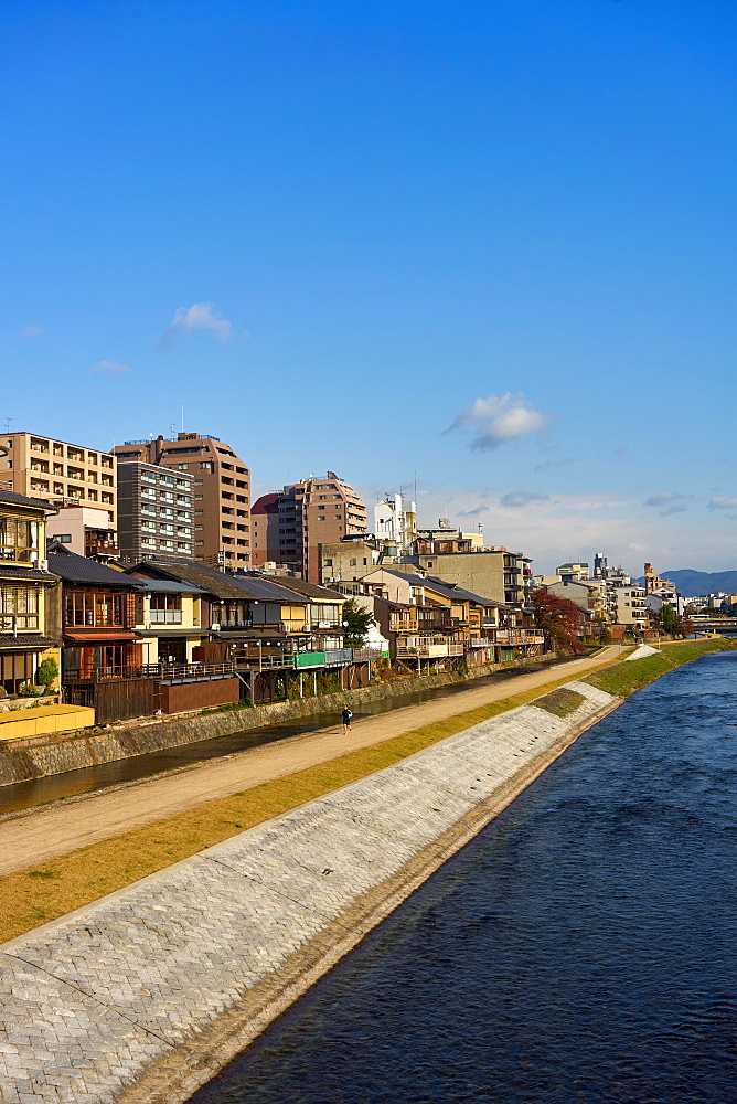 View of the Kamo River and Pontocho district, Kyoto, Japan, Asia