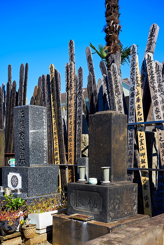 Japanese graveyard with Toba tablets (memorial tablets) in Kyoji Buddhist Temple in Yanaka, Tokyo, Japan, Asia