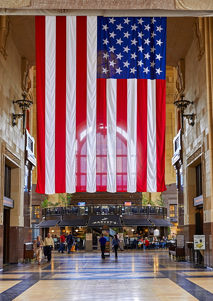 US flag hanging inside Kansas City Union Station, Kansas City, Missouri, United States of America, North America