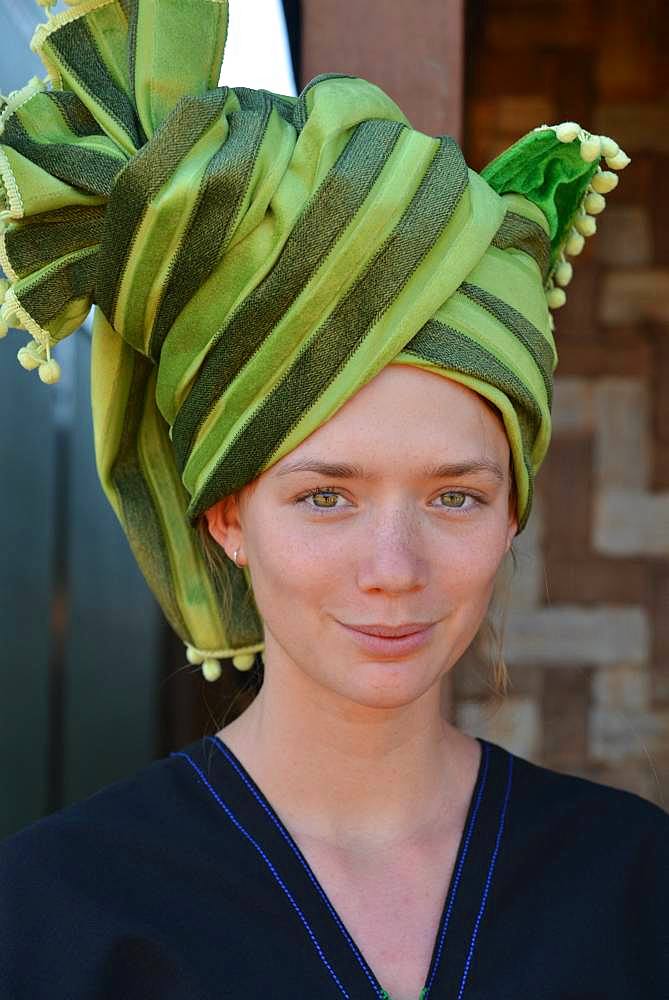 Belgian traveler met in Burma on a trek between the city of Kalaw and Inle Lake. She wore a Burmese outfit, ethnic Pao