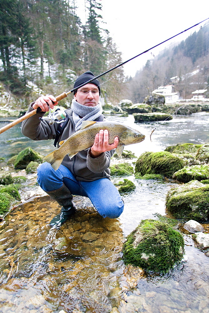 Trout fishing on the Doubs river, Catch a big wild trout, Goumois, Doubs, Franche-Comté, France