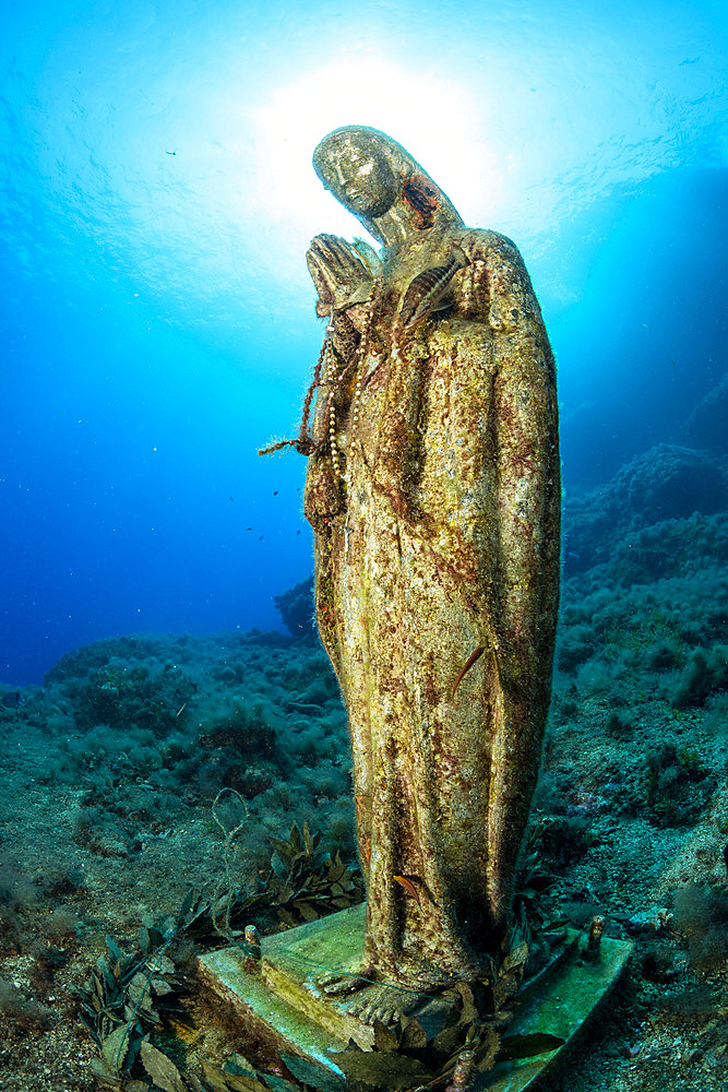 Statue of Virgin Mary, Vervece rock, Marine Protected area Punta Campanella, Massa Lubrense, Penisola Sorrentina, Costa Amalfitana, Italy, Tyrrhenian Sea, Mediterranean