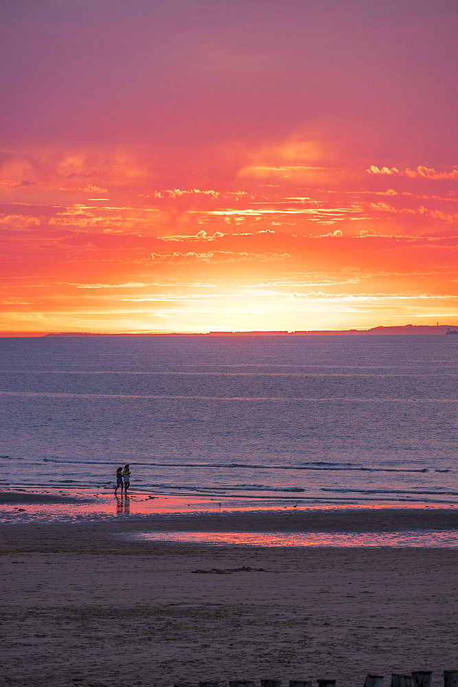 Sunset on the beach with the English coast in the background, Pas de Calais, France