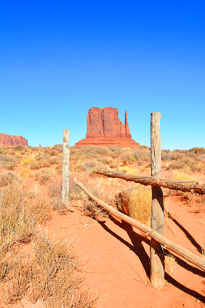 Old fence near the West Mitten butte. Monument valley national park. Arizona. USA.