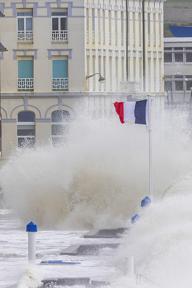 Waves hitting the Wimereux dyke during storm Pierrick, Cote d'Opale, Pas-de-Calais, France