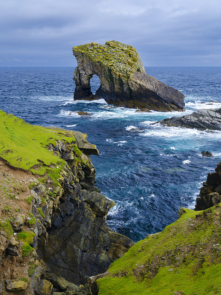 Gaada Stack. Landscape on Foula, part of the Shetland Islands. Europe, Great Britain, Scotland, Northern Isles, Shetland Islands