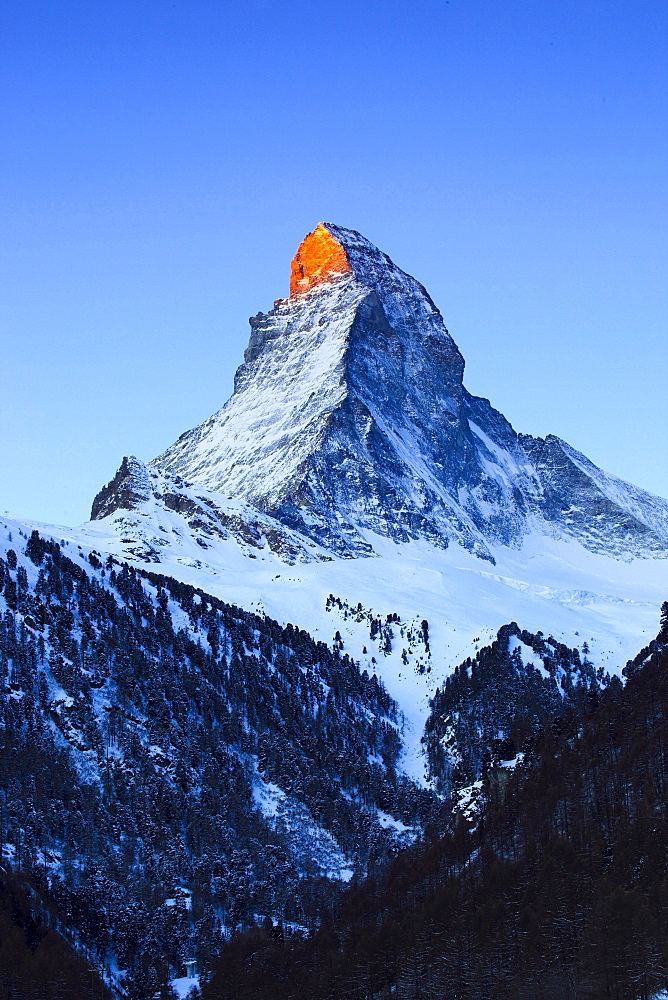 mount Matterhorn 4478 m in morning sunlight partly snow covered view from Riederalp mood