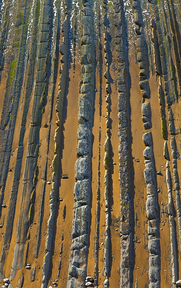 parallel rock formations on sea shore in tidal zone of sea top view outdoors La Rasa Mareal flysch cliffs Basque Country Spain Europe