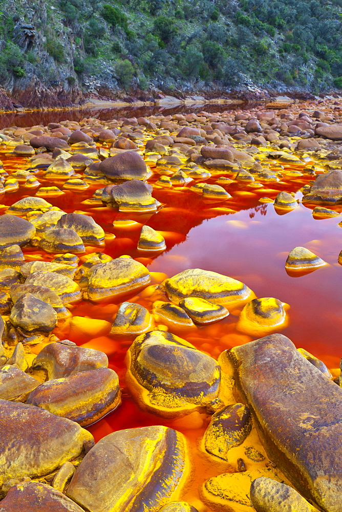 Rio Tinto red river reddish hue due to iron copper and sulfur dissolved in the water habitat with extreme conditions for life forms Andalusia