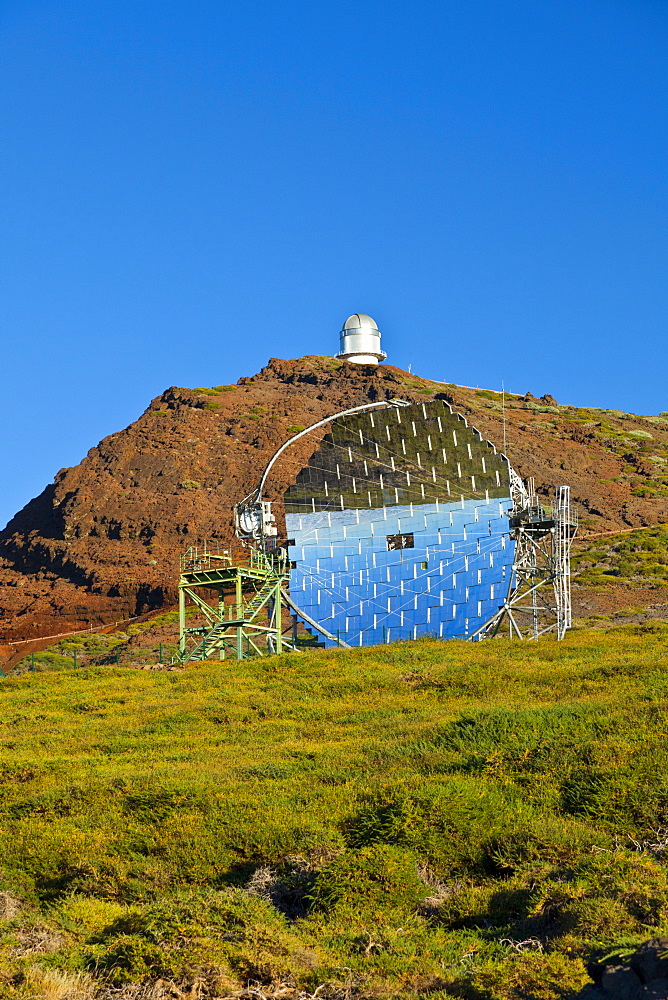 astronomical observatory on mountain Roque de los Muchachos optical mirror in foreground outdoors National Park Caldera Isla La Palma Santa Cruz Province Canary Islands Spain Europe 