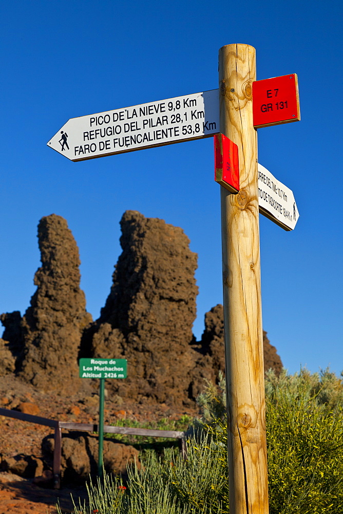 road sign for hikers at the Roque de los Muchachos outdoors National Park Caldera Isla La Palma Santa Cruz Province Canary Islands Spain Europe