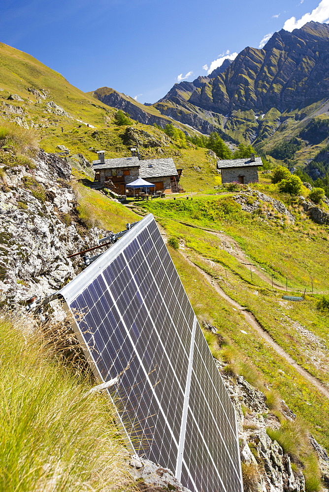 Solar panels attached to a cliff above the Refuge Bertone, which provied electricity to this off grid mountain hut.