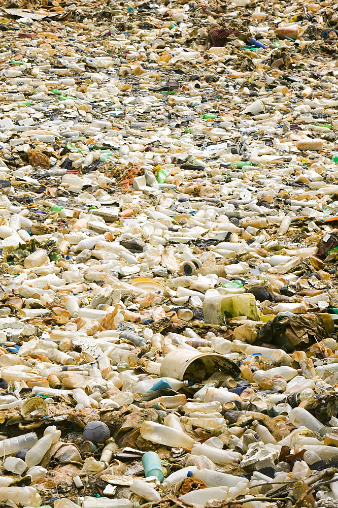 Plastic rubbish discarded in a lagoon on Funafuti Atoll, Tuvalu, Pacific