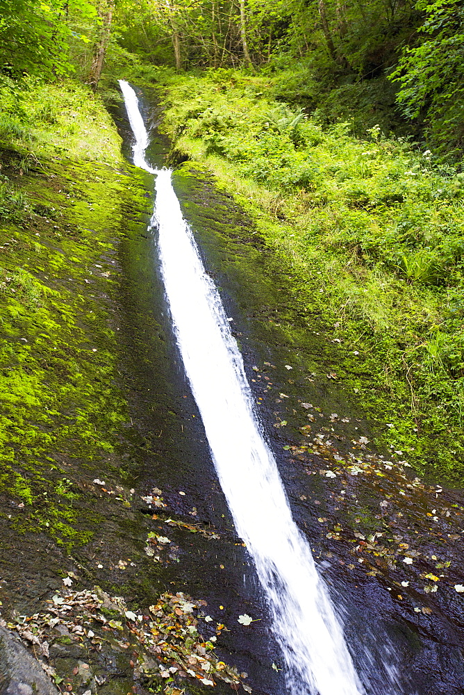 The White Lady Waterfall in Lydford gorge, the deepest gorge in the South West, Dartmoor, Devon, UK.