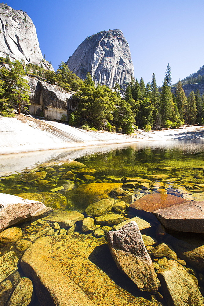 A pool above the Nevada Fall in the Little Yosemite Valley, Yosemite National Park, California, USA.