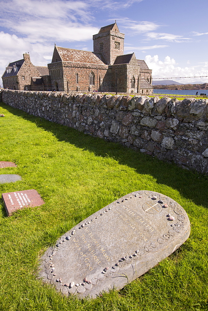 Iona Abbey on Iona, off Mull, Scotland, UK, with the grave of John Smith, the former Labour leader in the foreground.