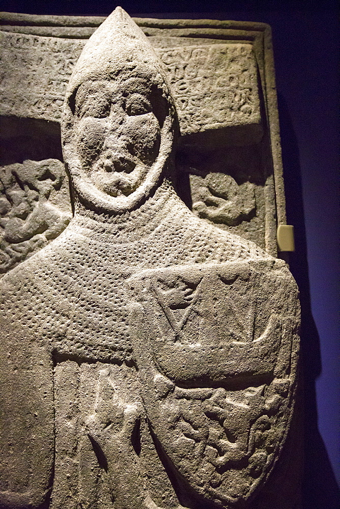 An ancient preserved grave slab in Iona Abbey on Iona, off Mull, Scotland, UK.