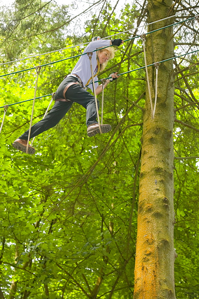 A woman on the the Go Ape aerial challenge in Grizedale Forest in Cumbria, England, United Kingdom, Europe