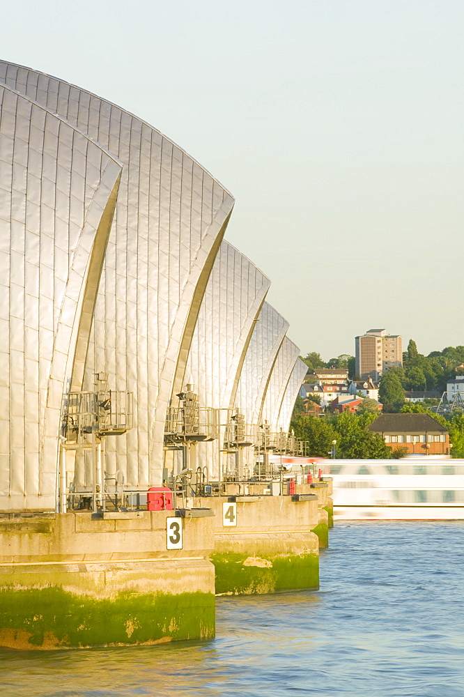 The Thames barrier designed to protect the capital from storm surge flooding due to climate change, Woolwich, London, England, United Kingdom, Europe