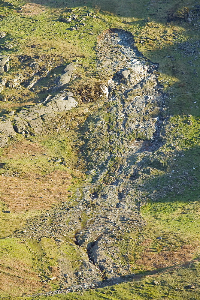 A landslide on the side of Wrynose Pass in the Lake District, Cumbria, England, United Kingdom, Europe