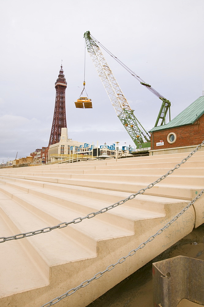 Building new sea wall flood defences in Blackpool, Lancashire, England, United Kingdom, Europe