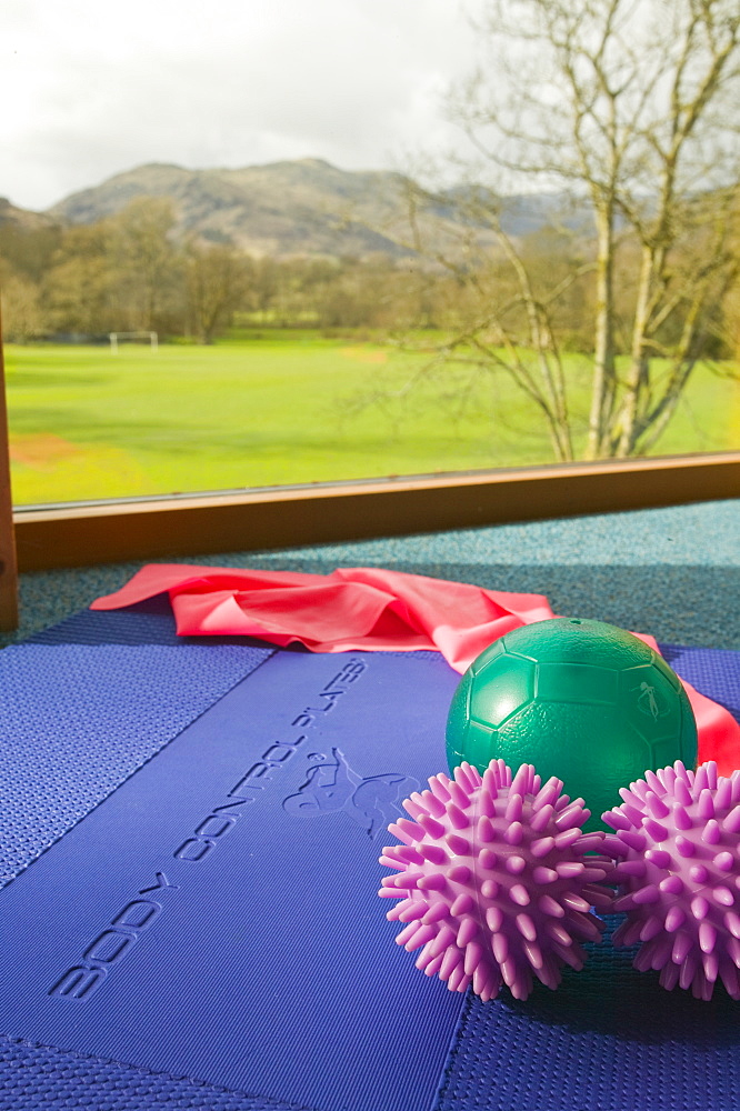 A village hall in Ambleside laid out for a Pilates class, Lake District, Cumbria, England, United Kingdom, Europe