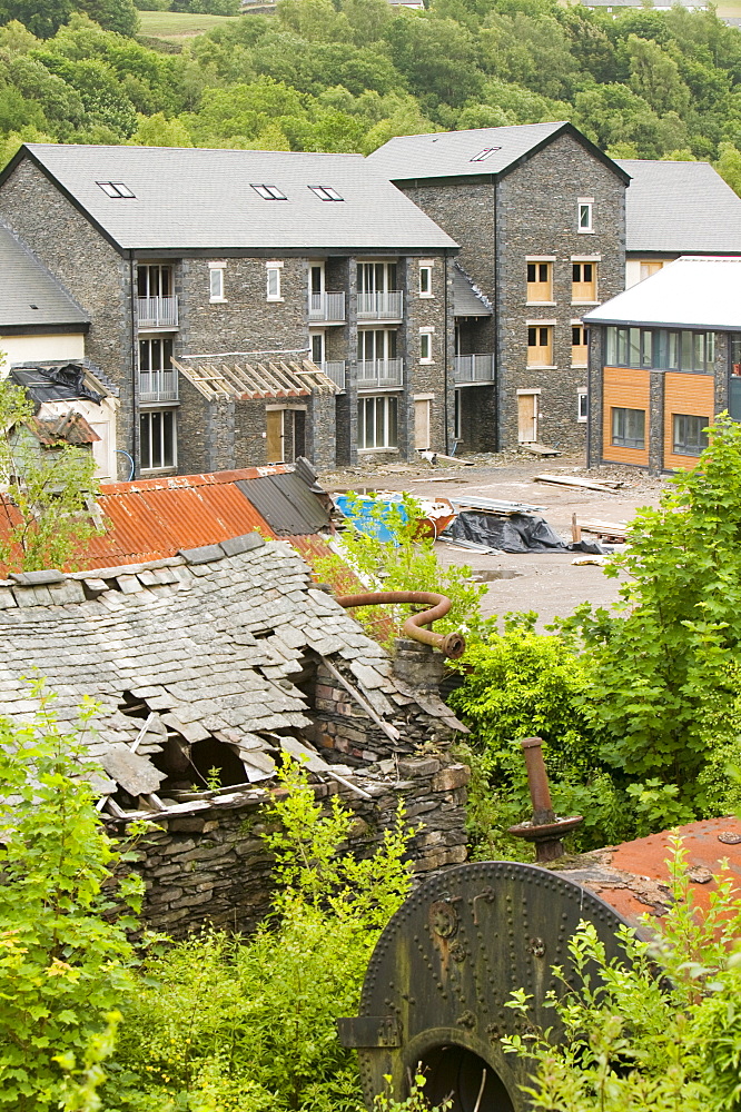 An old iron works site at Backbarrow being turned into residential housing and commercial units, Lake District, Cumbria, England, United Kingdom, Europe