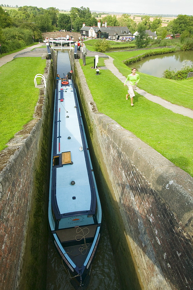 Foxton Locks on the Grand Union Canal, the longest series of locks in the UK with visitors on a summer's day, Leicestershire, England, United Kingdom, Europe